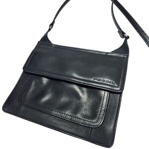 Fossil Vintage Black Leather Double Sided Flap Crossbody Bag Purse Wallet Slim